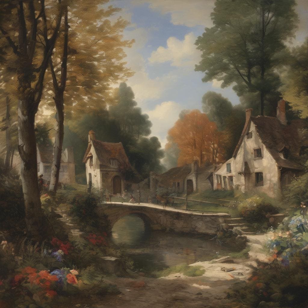 Παραδοσιακό τοπίο με χωριά και ποταμό σε φθινοπωρινή ατμόσφαιρα, τέχνη που επηρέασε την σύγχρονη ζωγραφική.
