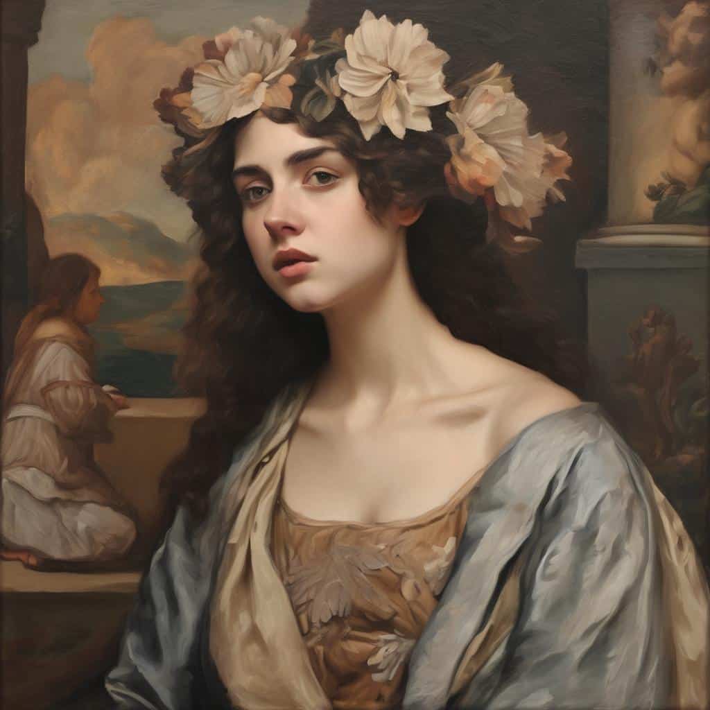 Φωτογραφία ενός νεαρού κοριτσιού με λουλούδια στο κεφάλι σε κλασικό ζωγραφικό στιλ, επιρροές στη σύγχρονη τέχνη, τέχνη και ζωγραφική.