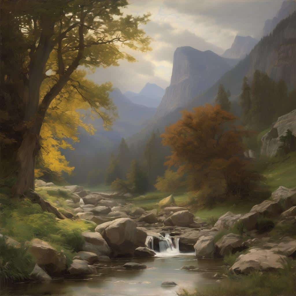 Ορεινό τοπίο με καταρράχτες, ποτάμι και δέντρα φθινοπωρινά, επιρροή εικαστικών έργων.