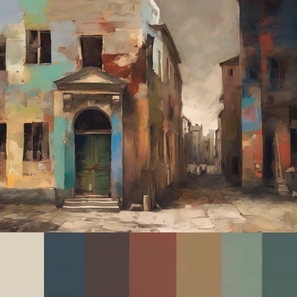 Old European street painting with vibrant colors and atmospheric mood, reflecting influential art movements.